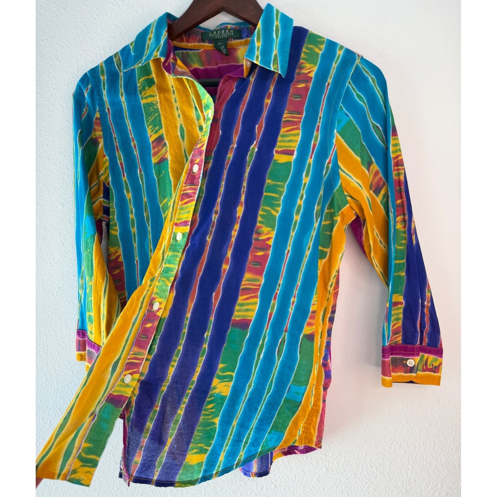 VTG Y2K Lauren Ralph Lauren Tie Dye Button Down Shirt Boho Colorful Hippie PM - Picture 4 of 8